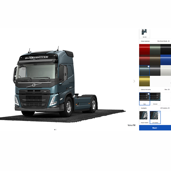 Nu kan du designe din perfekte Volvo-lastbil ved at vælge model og tilpasse den med farve, trim og lys efter eget valg.